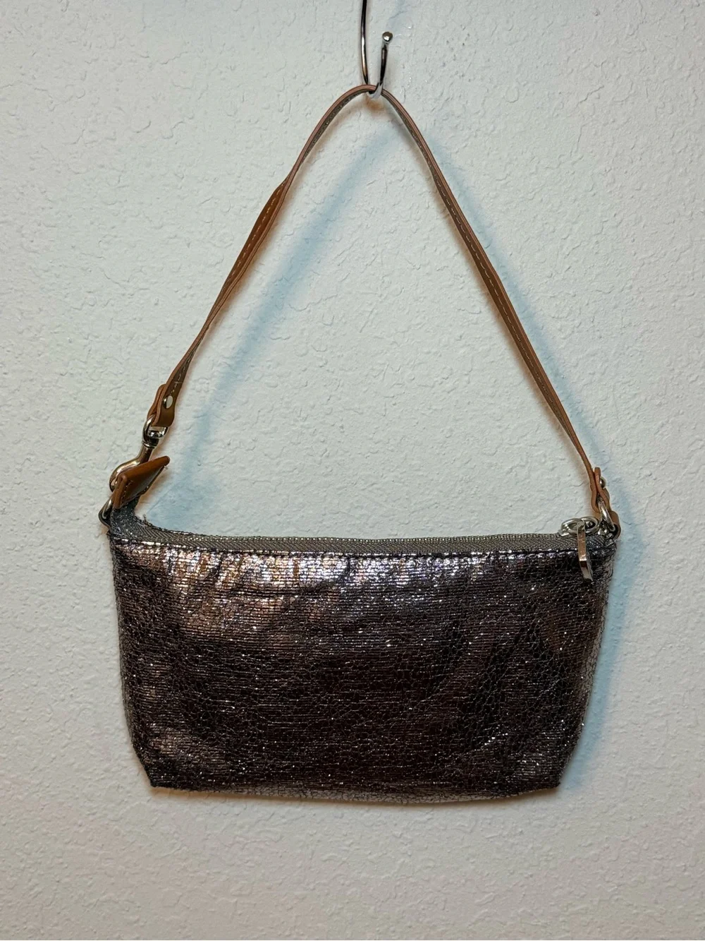 Betsey Johnson Metallic Silver/Gold Wristlet with Tan Strap
